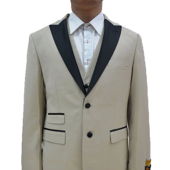 Mens 2 Button Peak Lapel Vested Tuxedo in Tan - Picture 1 of 2